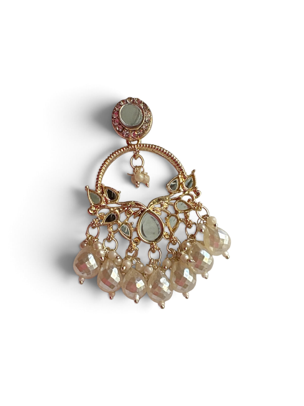 Royal Gold - Plated Kundan Mirror work Chandbali Earrings with Pearl Drops