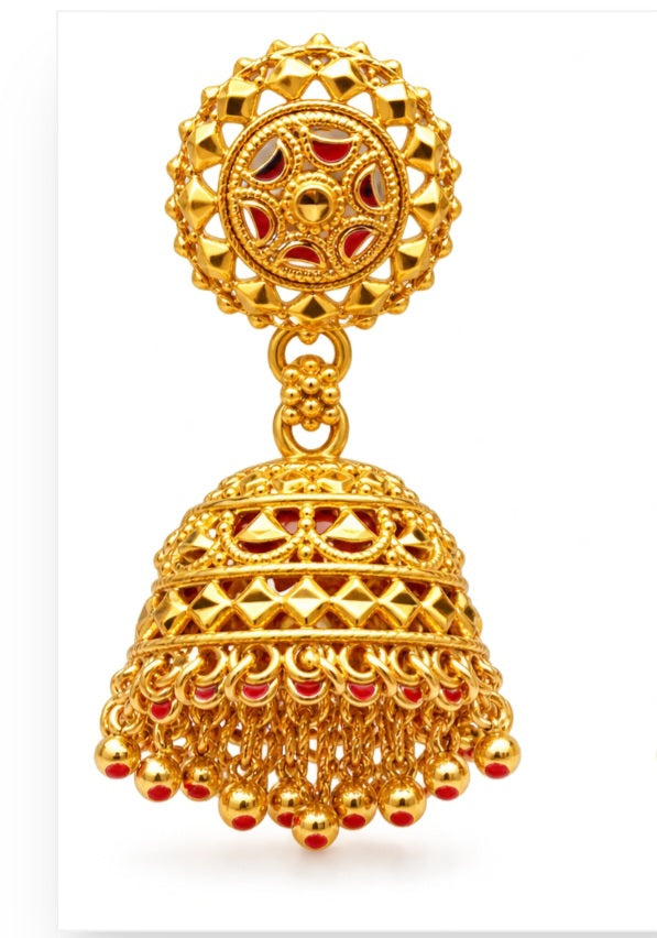 Traditional Gold-Plated Filigree Jhumka Earrings with Metallic Bead Fringe