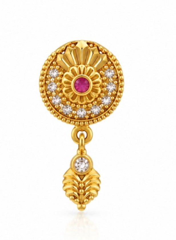 Traditional Gold-Plated Stud Drop Earrings with Ruby and CZ Stones