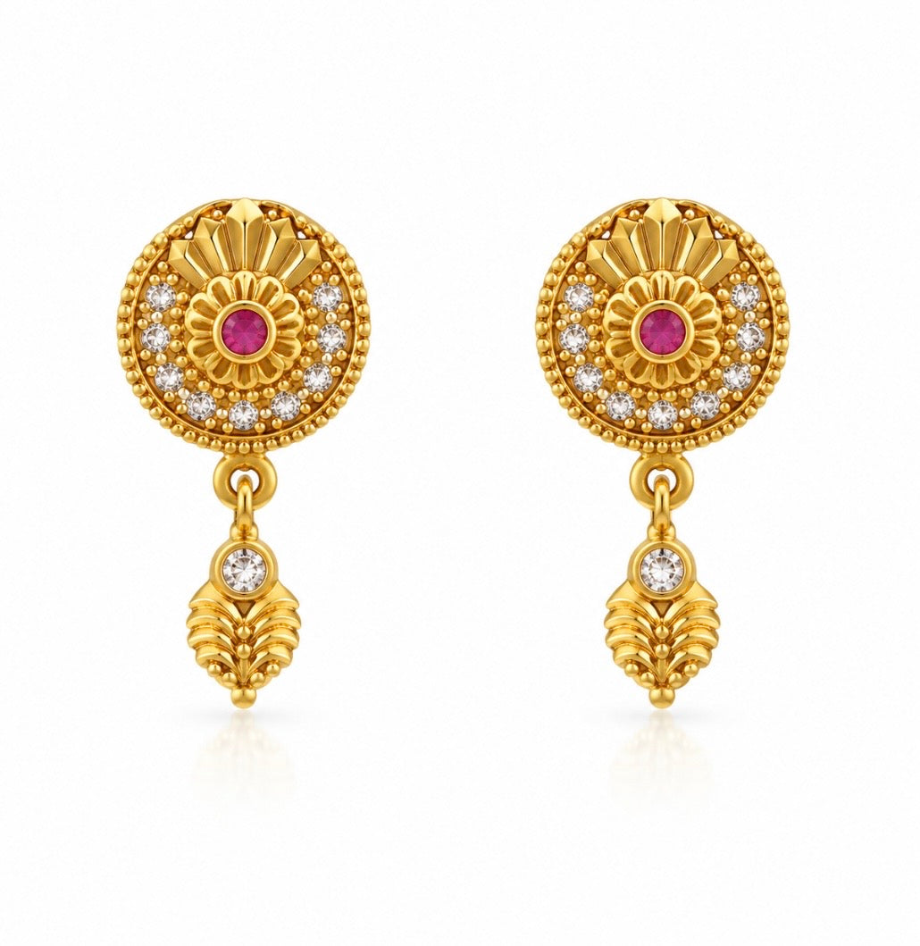 Traditional Gold-Plated Stud Drop Earrings with Ruby and CZ Stones