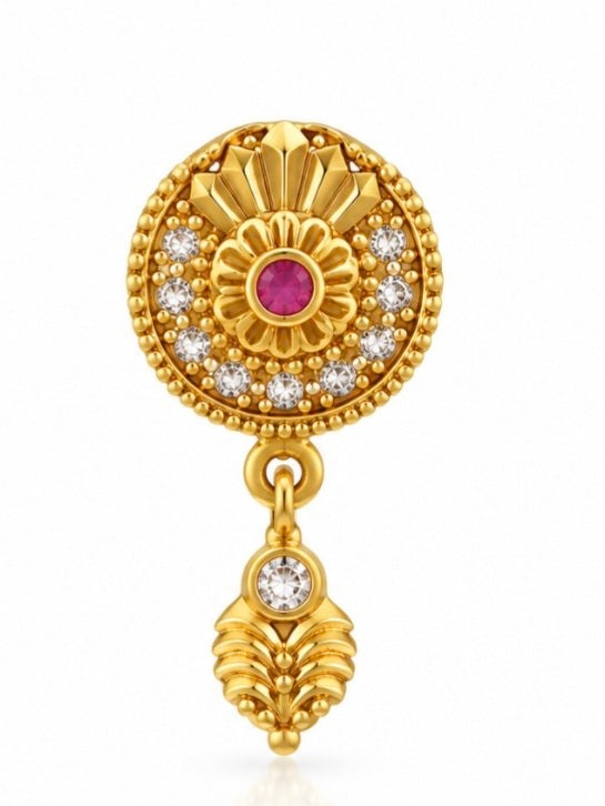 Traditional Gold-Plated Stud Drop Earrings with Ruby and CZ Stones