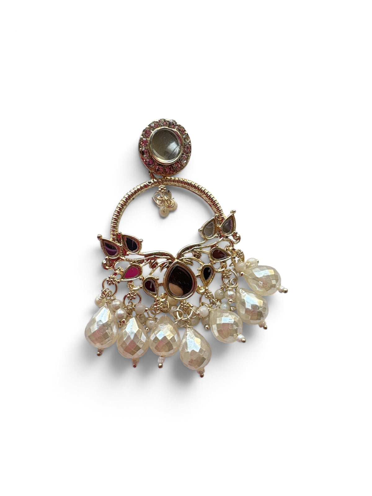 Royal Gold - Plated Kundan Mirror work Chandbali Earrings with Pearl Drops