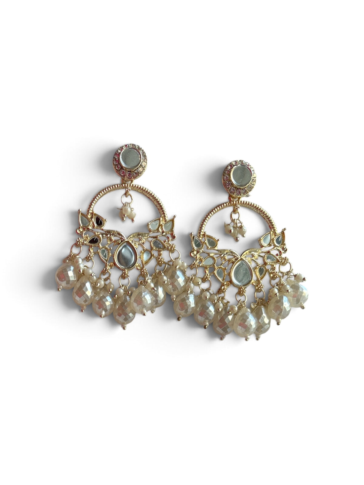 Royal Gold - Plated Kundan Mirror work Chandbali Earrings with Pearl Drops