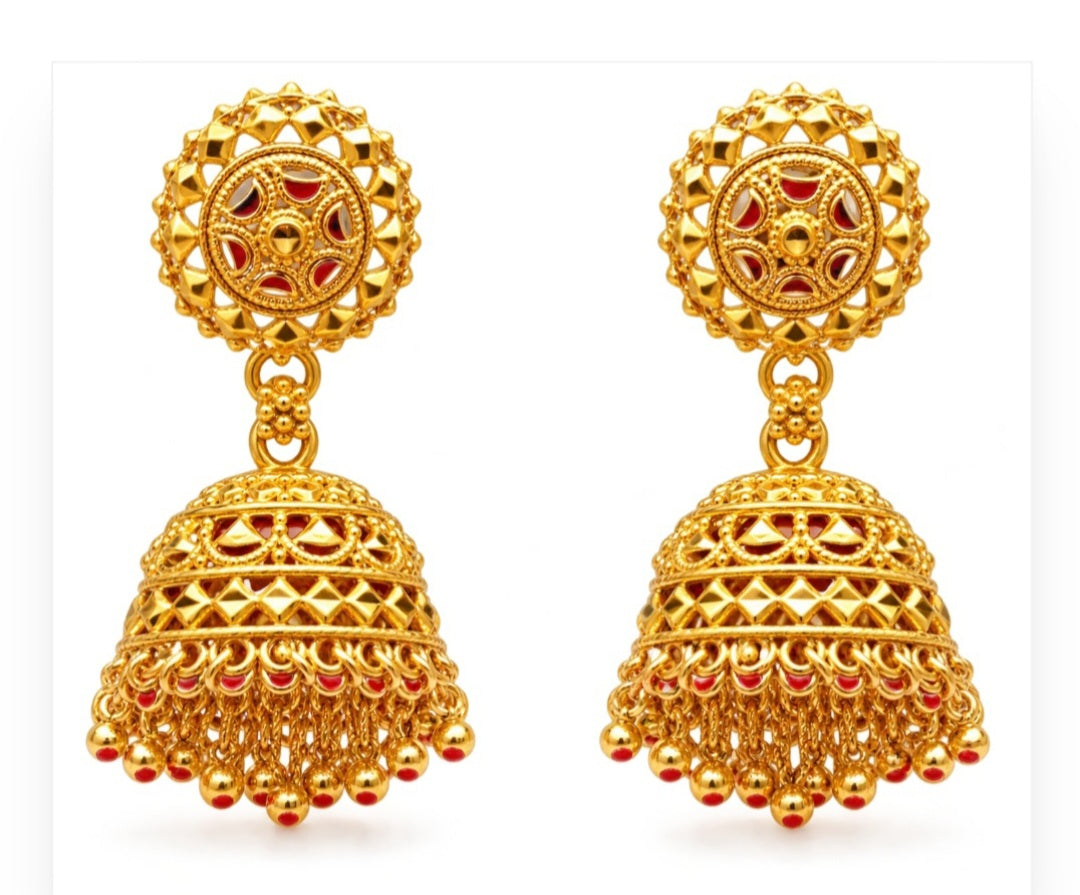 Traditional Gold-Plated Filigree Jhumka Earrings with Metallic Bead Fringe