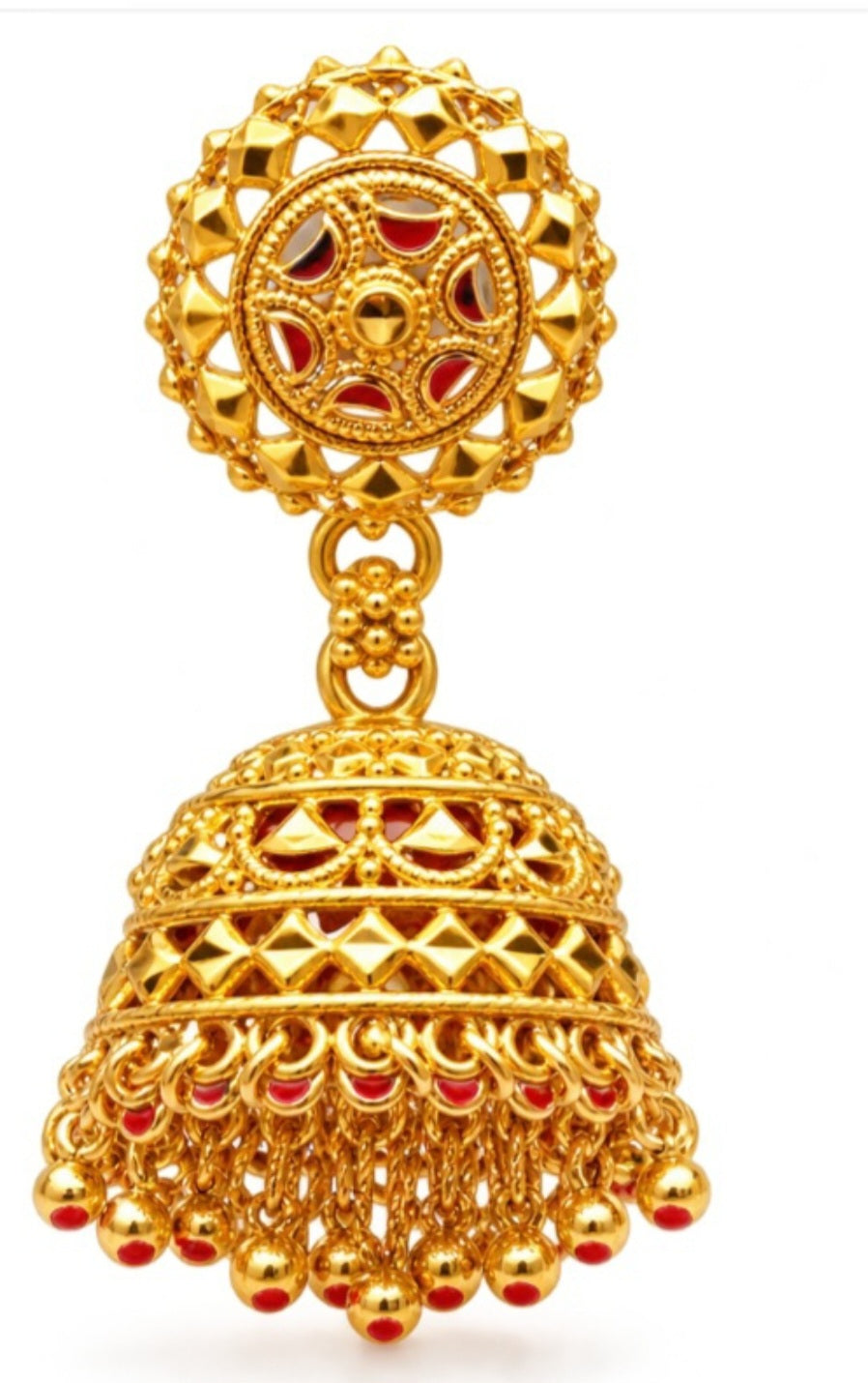 Traditional Gold-Plated Filigree Jhumka Earrings with Metallic Bead Fringe